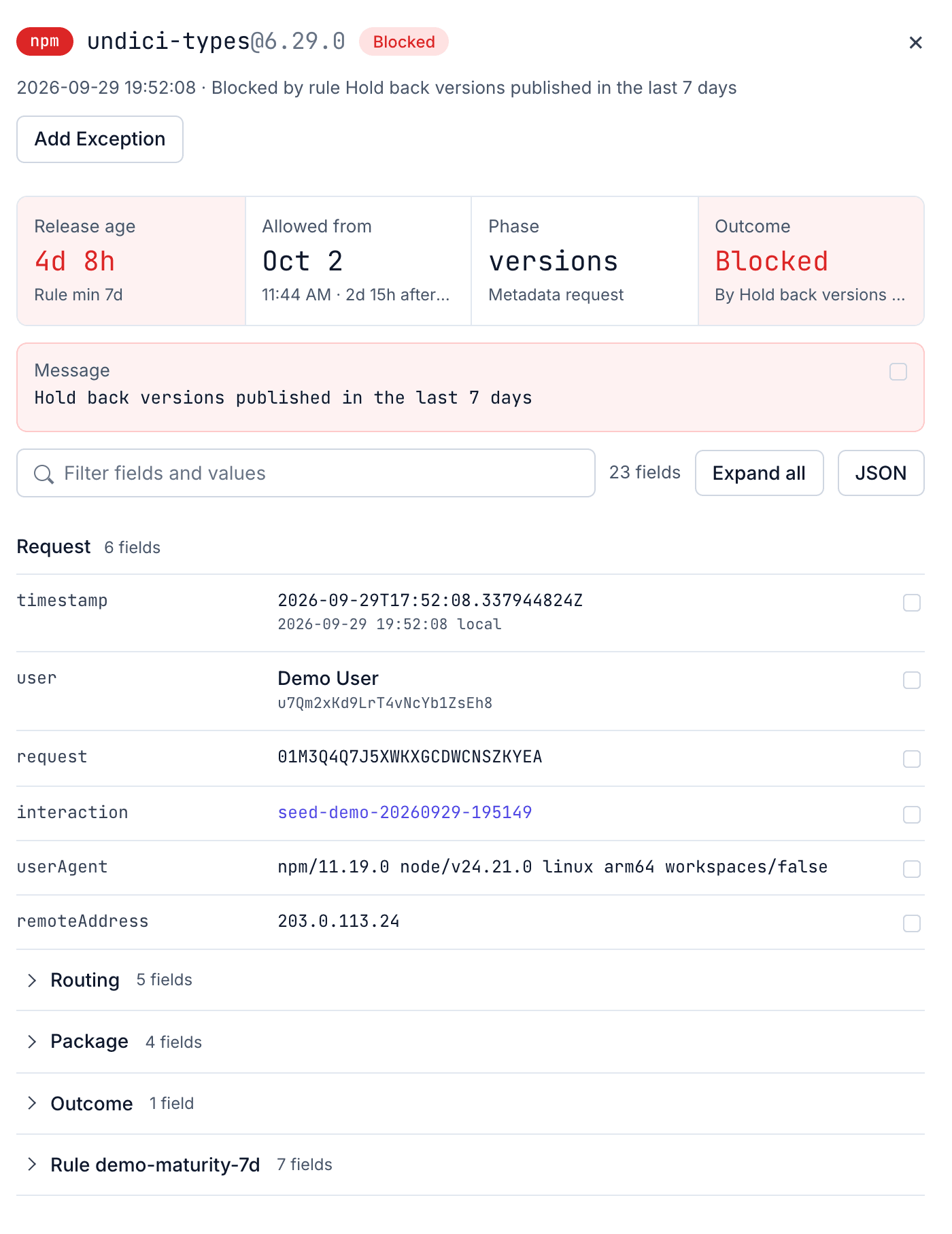 Block details for undici-types 6.29.0: release age, the date it is allowed from, the phase and the rule that blocked it