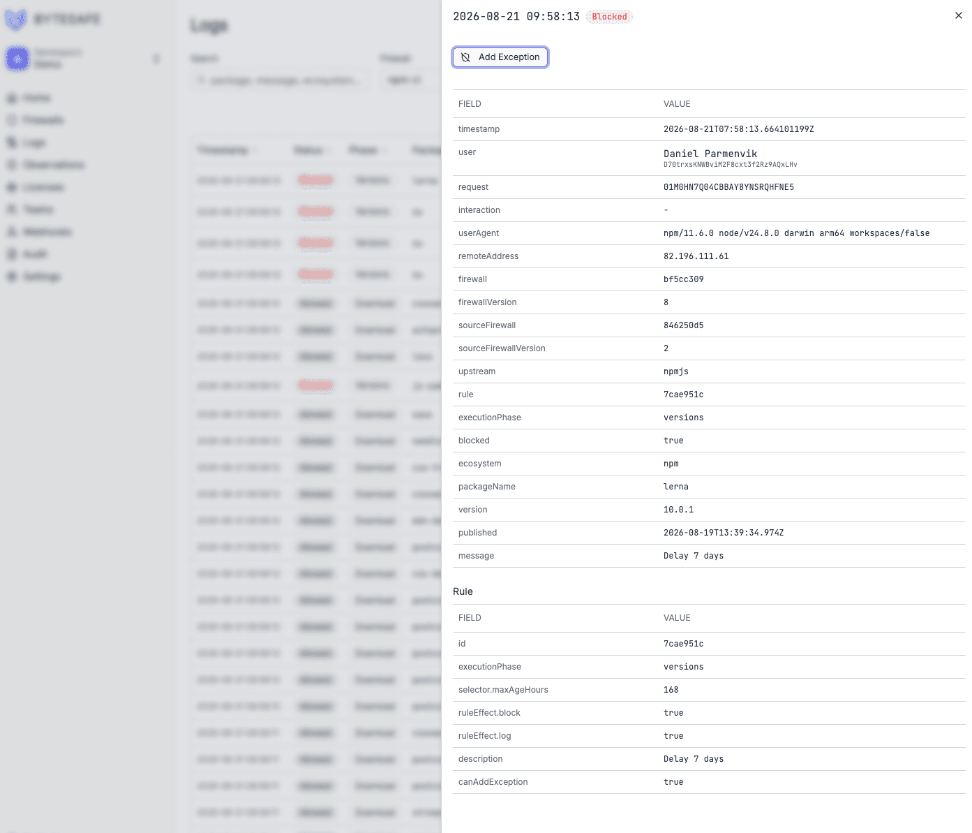 Block reason details with rule information
