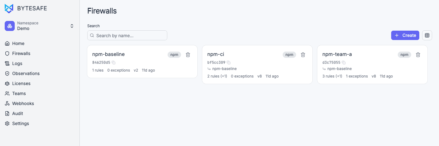 Firewalls list with npm-baseline and two firewalls inheriting from it