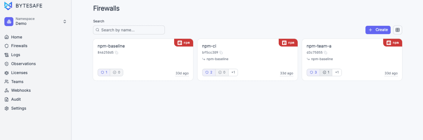 Firewalls list with npm-baseline and two firewalls inheriting from it