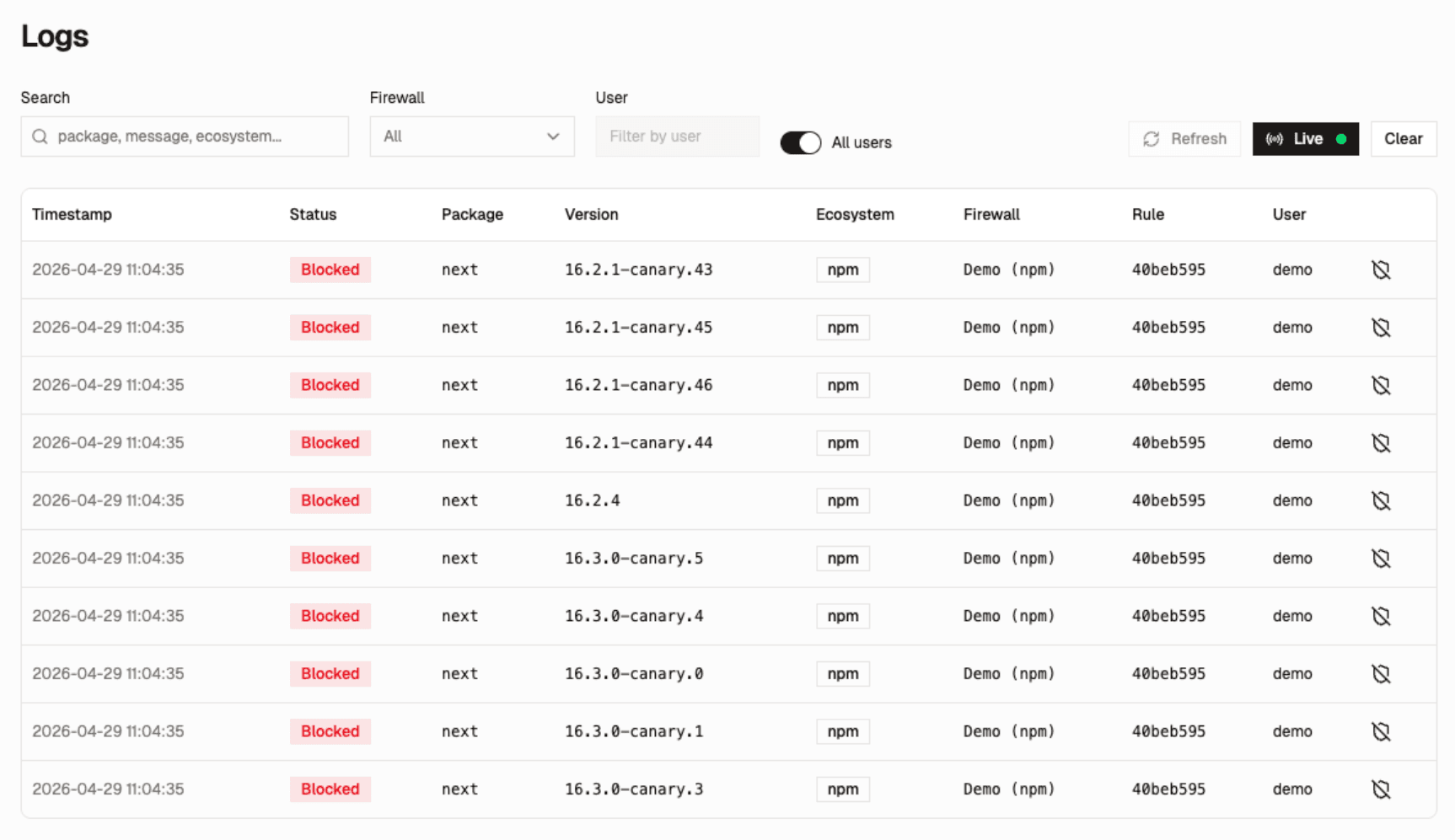 Live request log with blocked packages and rule details