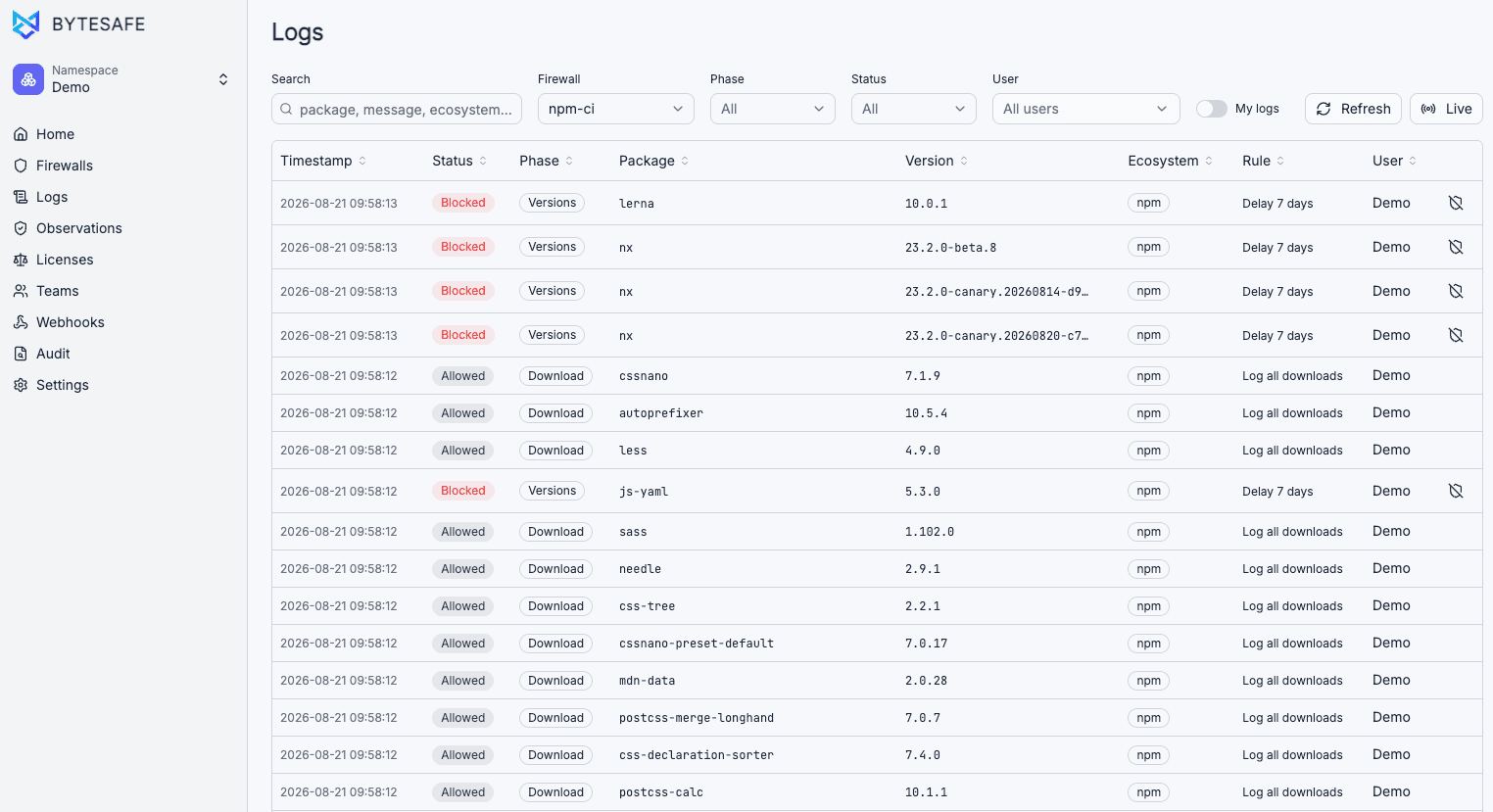 Live request log with blocked packages and rule details