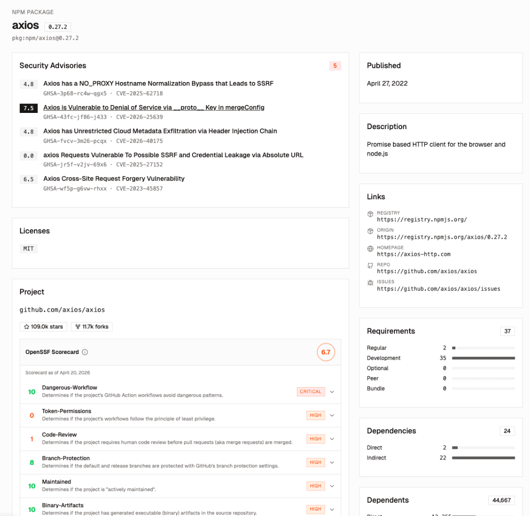 Dependency Firewall package details with security advisories and OpenSSF Scorecard