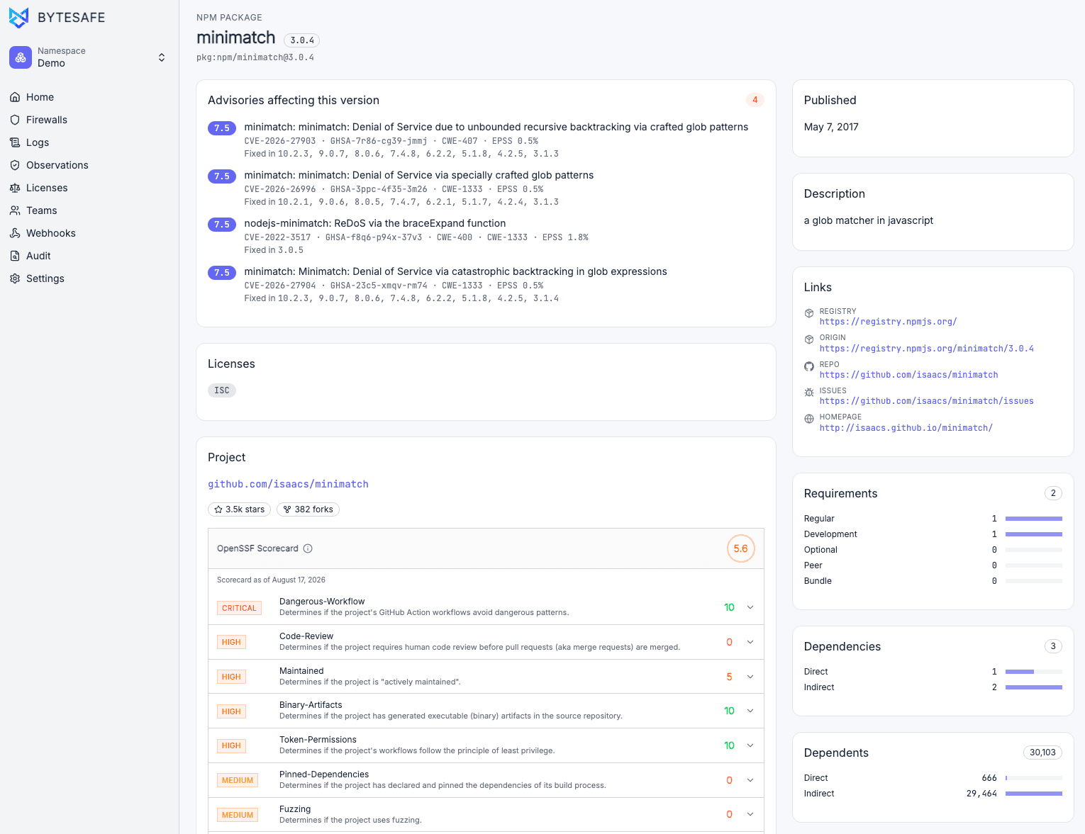 Dependency Firewall package details with security advisories and OpenSSF Scorecard