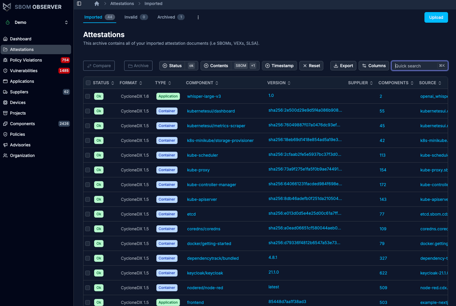 Every imported SBOM, VEX and SLSA document with its format, type and component count.