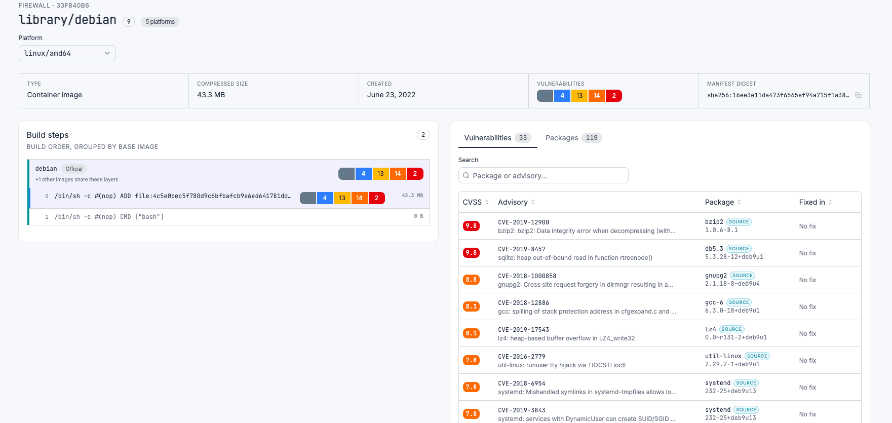 Bytesafe image page for library/debian:9 showing build steps grouped by base image and a vulnerability table with CVSS scores and fix versions