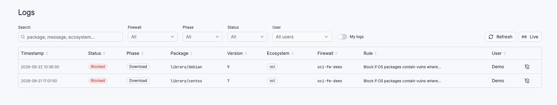 Bytesafe firewall log showing blocked pulls of library/centos and library/debian
