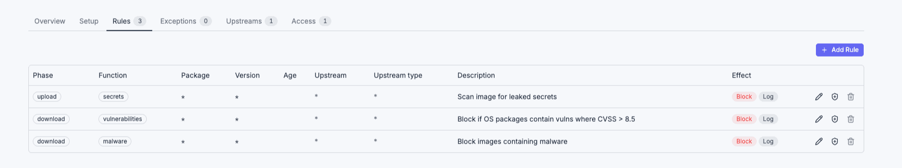 Bytesafe rules table for an OCI firewall with secrets, vulnerabilities and malware rules