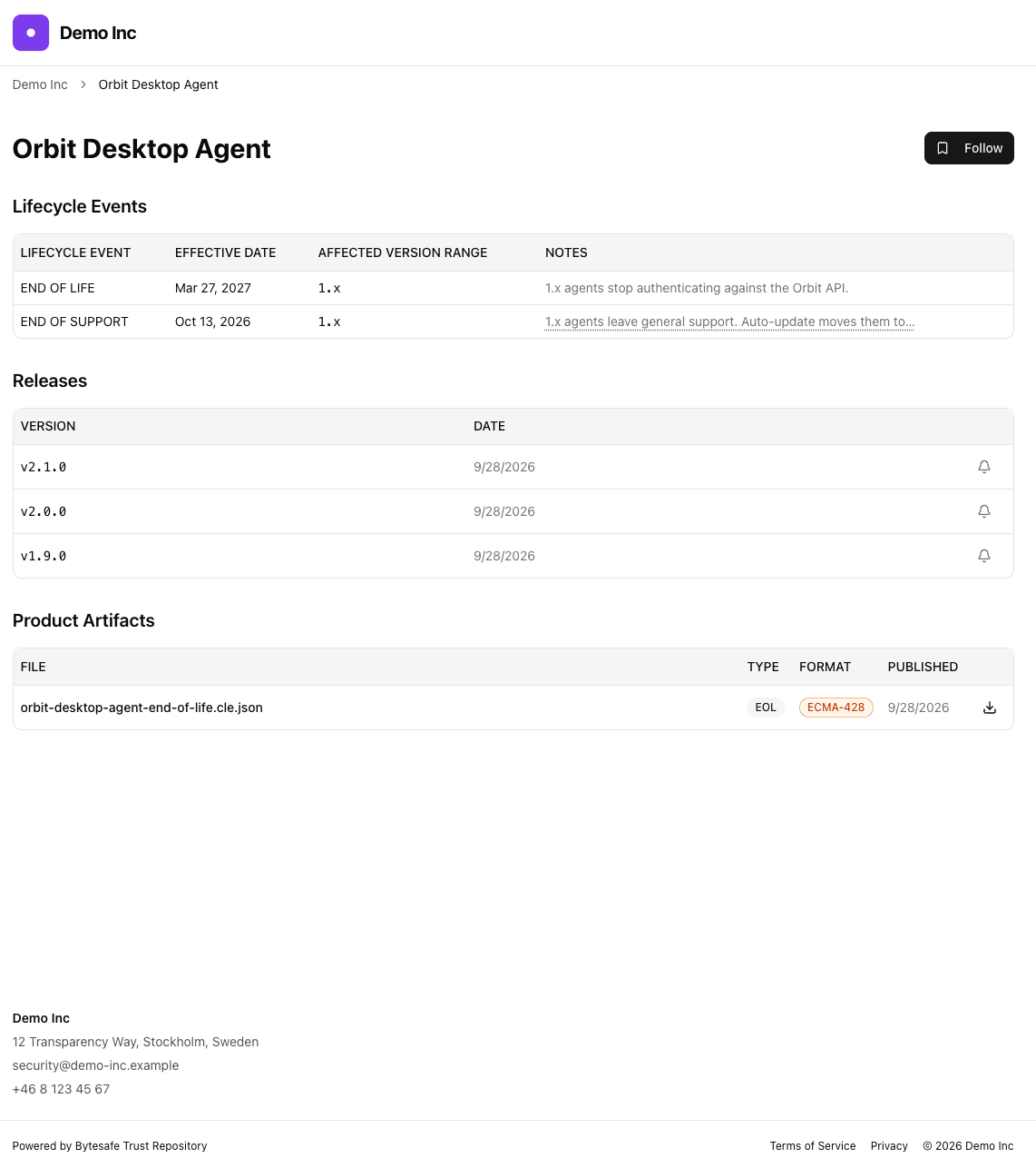 Orbit Desktop Agent on the Trust Portal: 1.x end of support on Oct 13, 2026 and end of life on Mar 27, 2027.