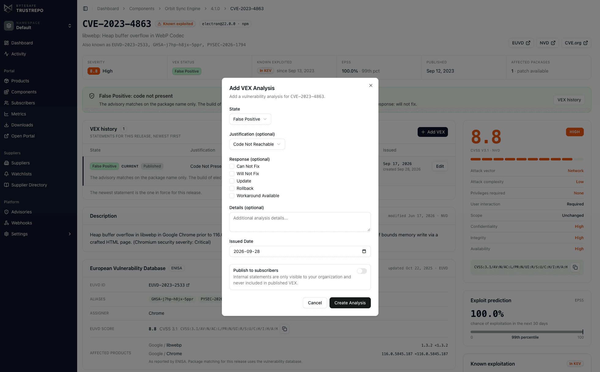 VEX analysis dialog with state, justification and response fields