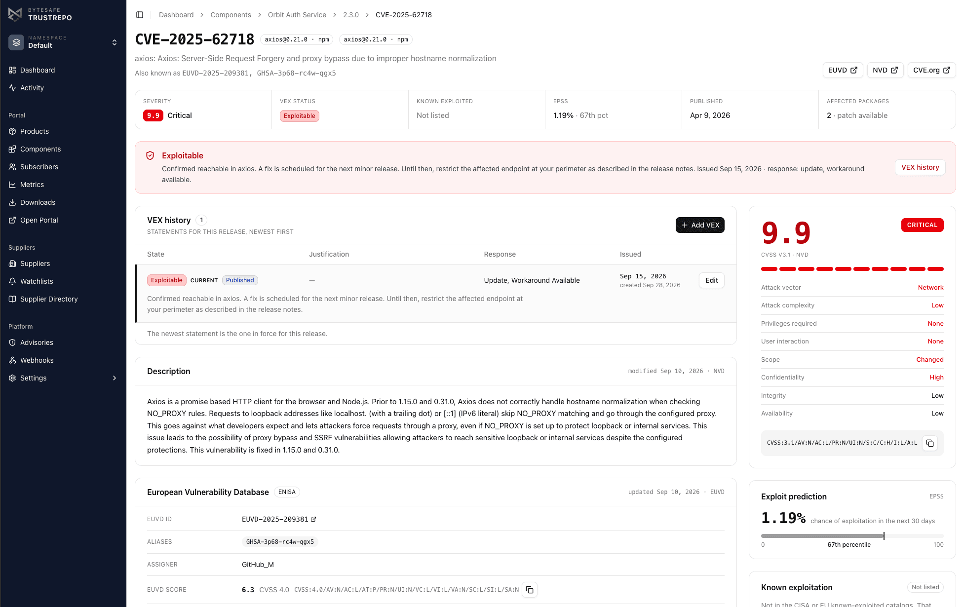 Vulnerability page with severity, VEX status, EPSS, KEV listings, VEX history and EUVD data