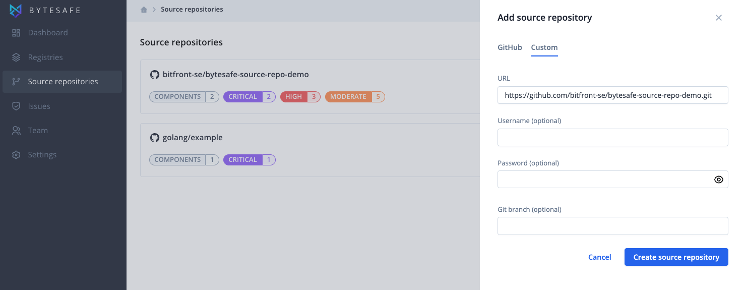 Add Git repository for SCA scan in Bytesafe