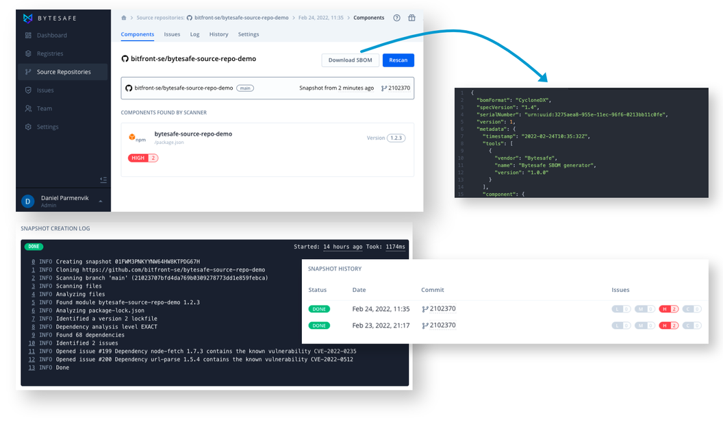 Source repositories and SBOM in Bytesafe