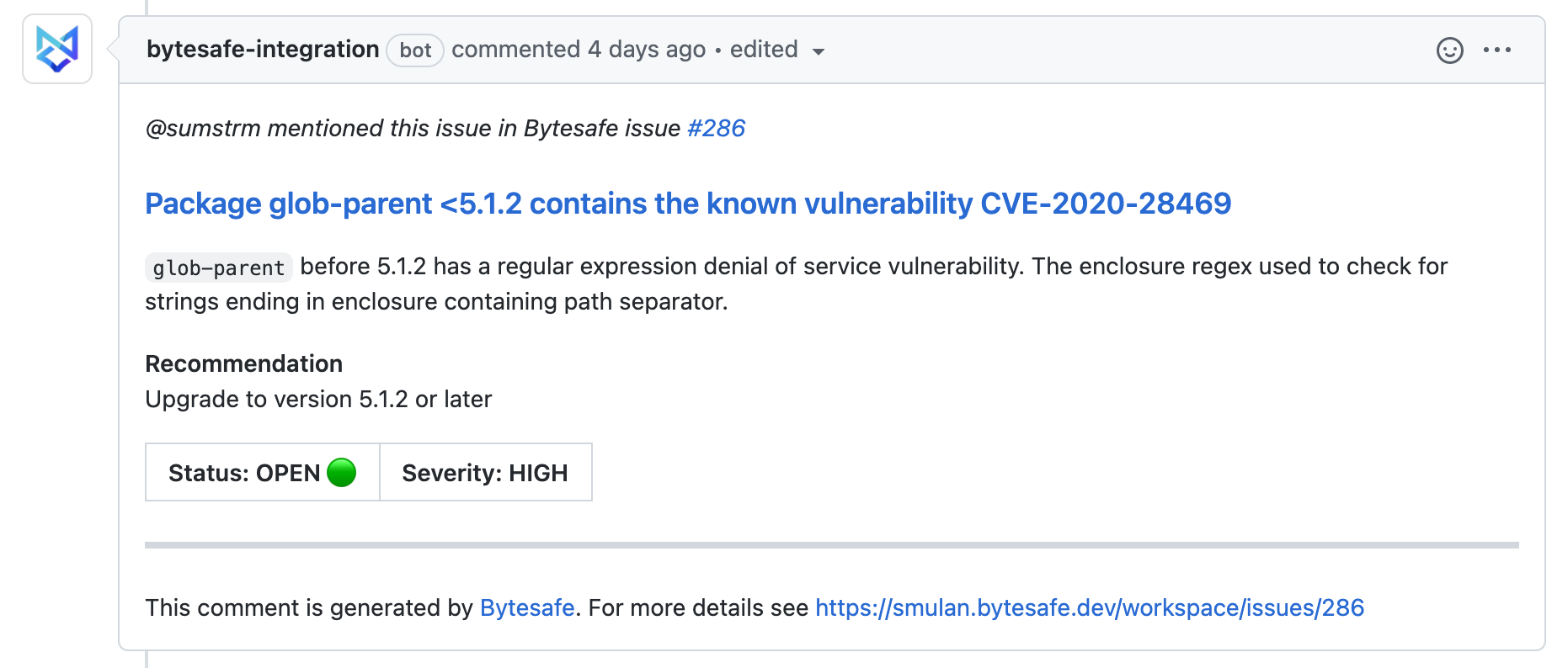 bytesafe-integration bot update with current Bytesafe Issue state