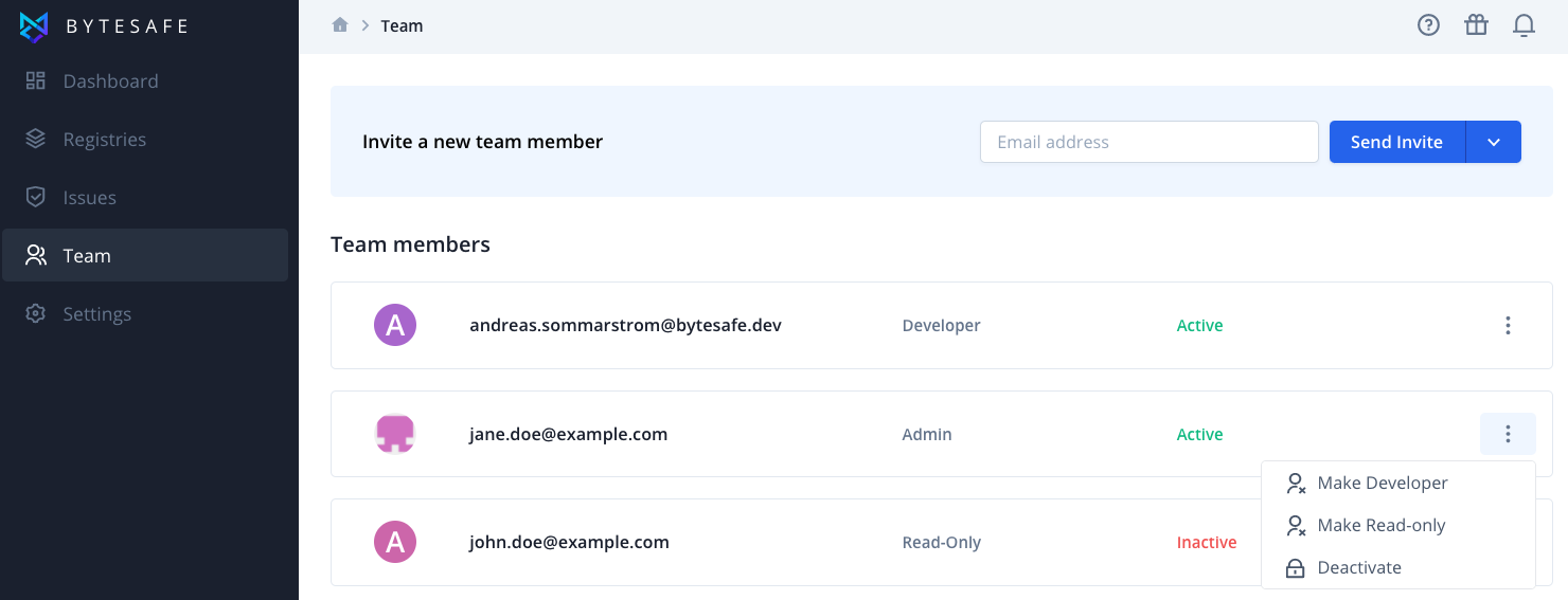 Manage team members in Bytesafe