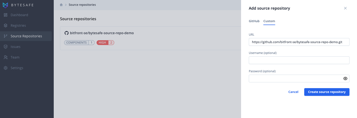 Add a Git source repository to Bytesafe