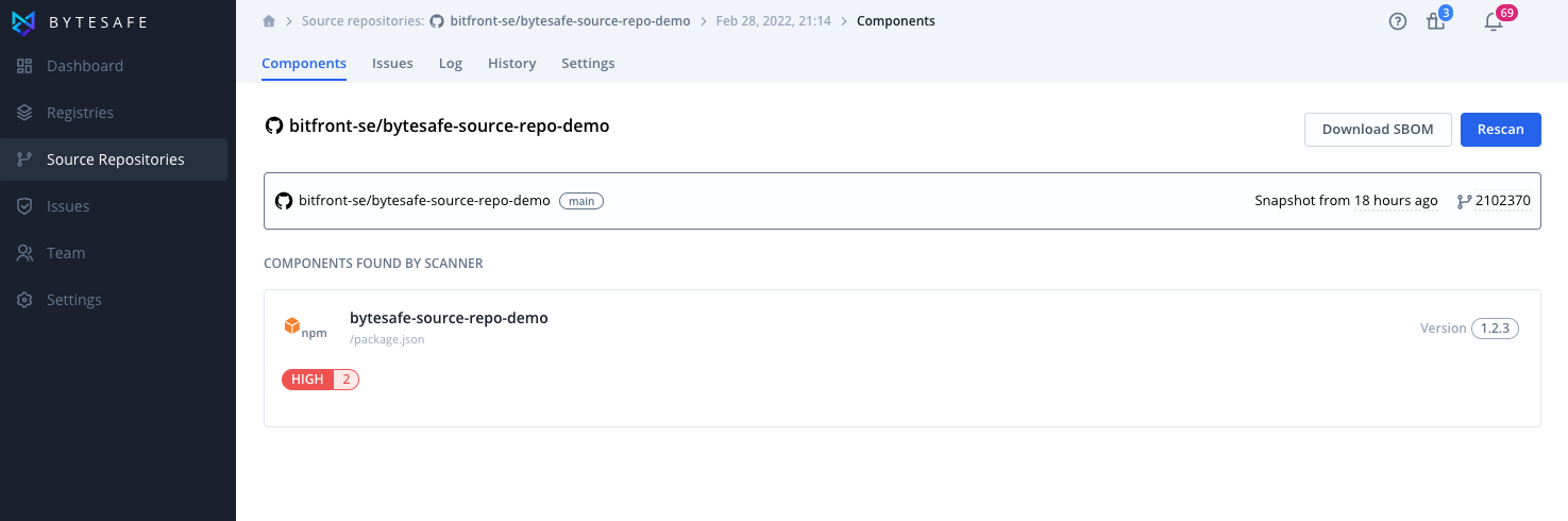 Detected component by Bytesafe source repository scanner