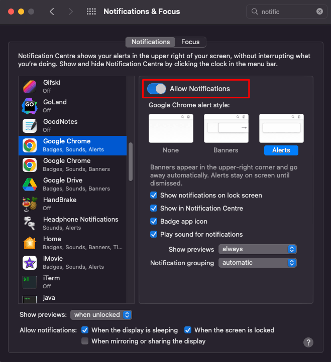 Allow notifications from browser